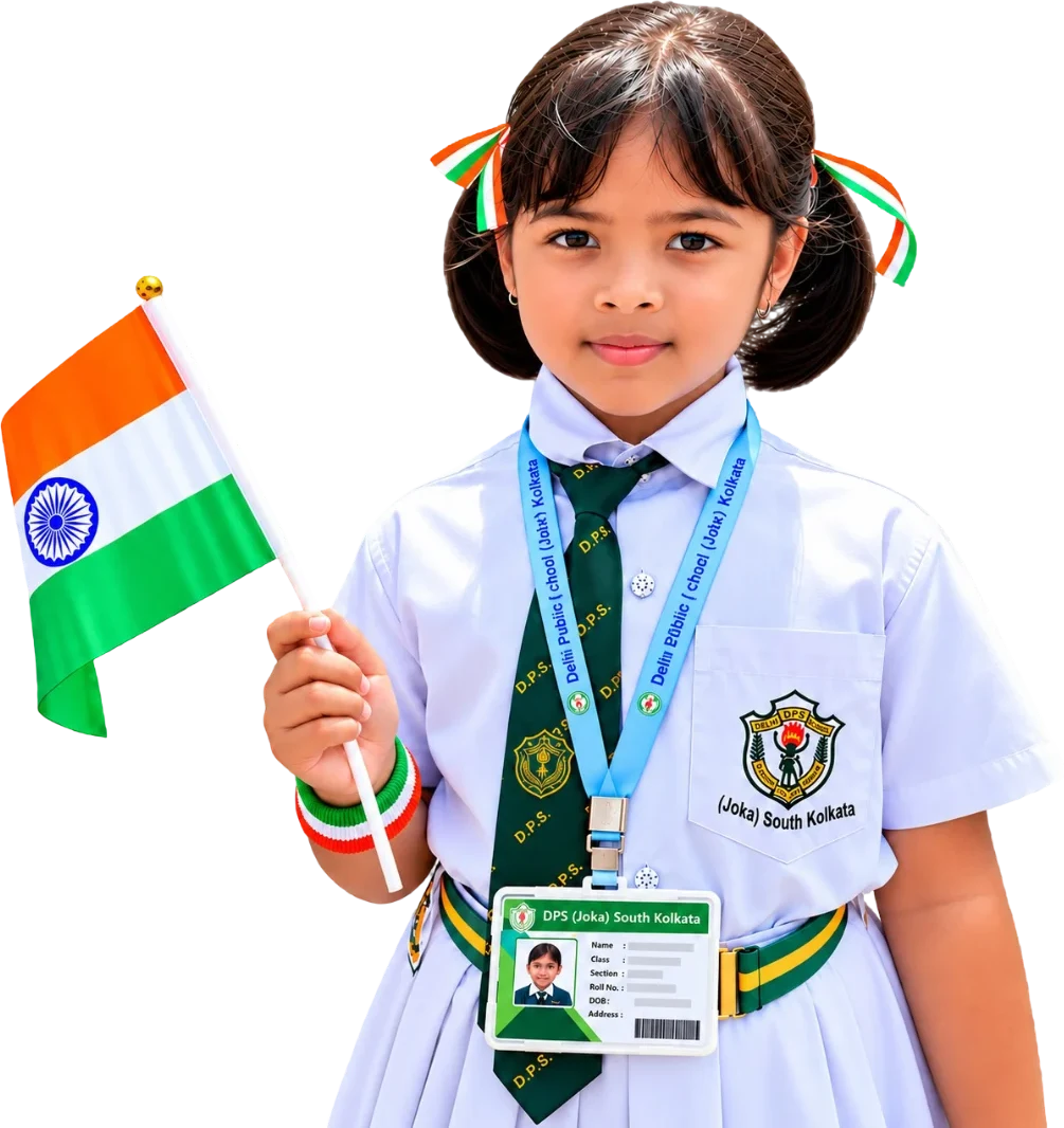 A DPS Joka student in school uniform holding the Indian flag